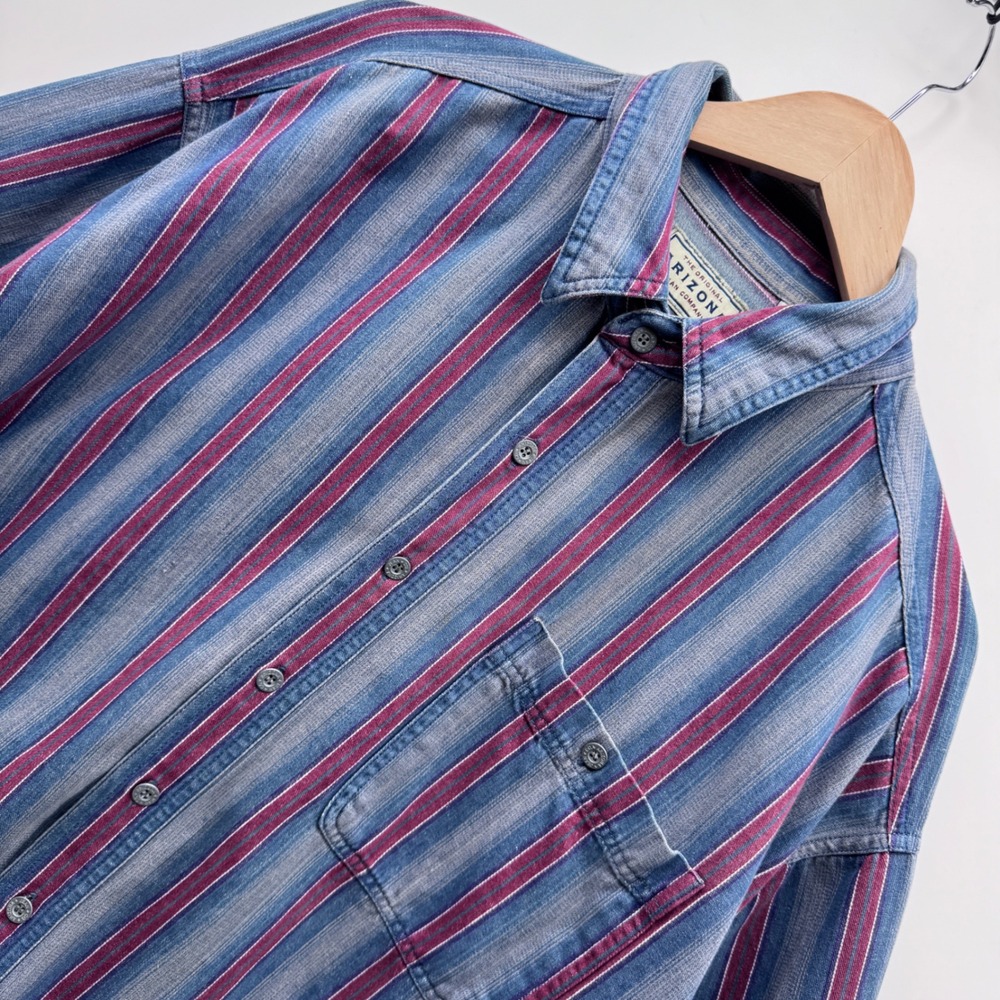 Arizona Jean Co Button Down Shirt XL Blue Burgundy Striped Long Sleeve AJC